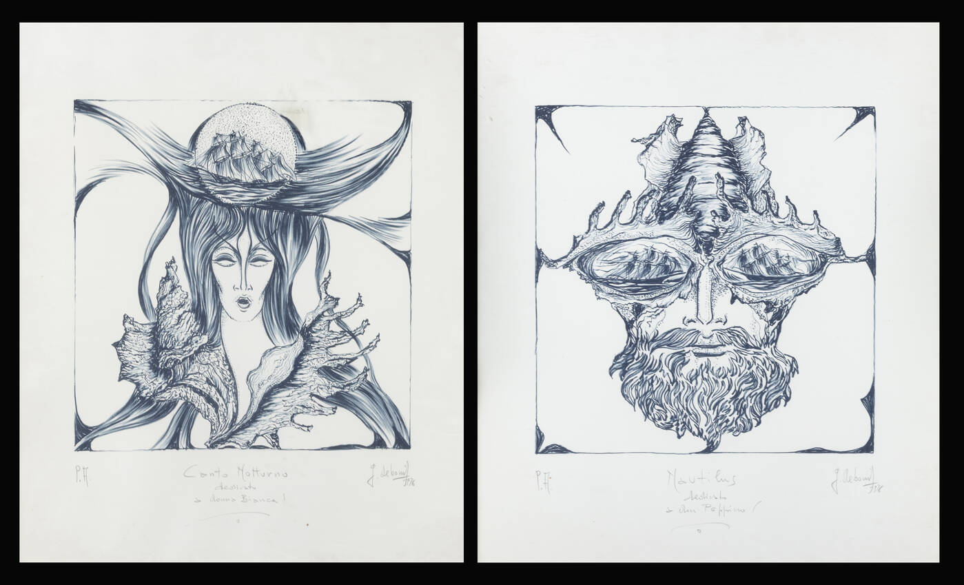 GUIDO DE BONIS - Lotto composto da due litografie:<br>A) 'Canto notturno' 1976<br>B) 'Nautilus' 1976