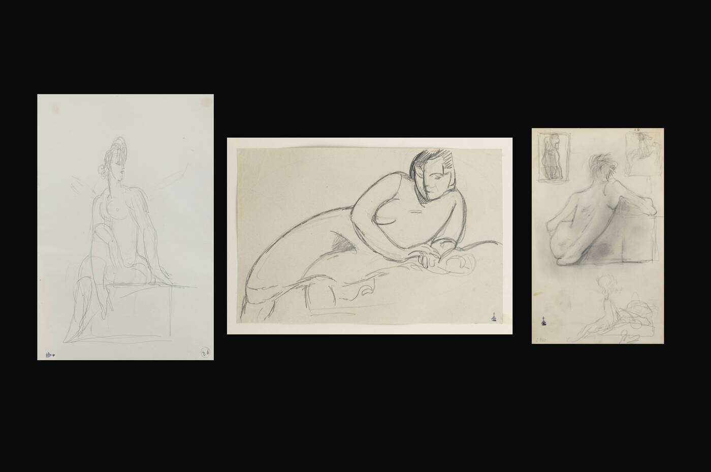 LIBERO ANDREOTTI - Lotto di tre disegni:<br>A) 'Studi per sculture'<br>B) 'Figura femminile (studio per scultura)'<br>C) ''Figura femminile (studio per scultura)'