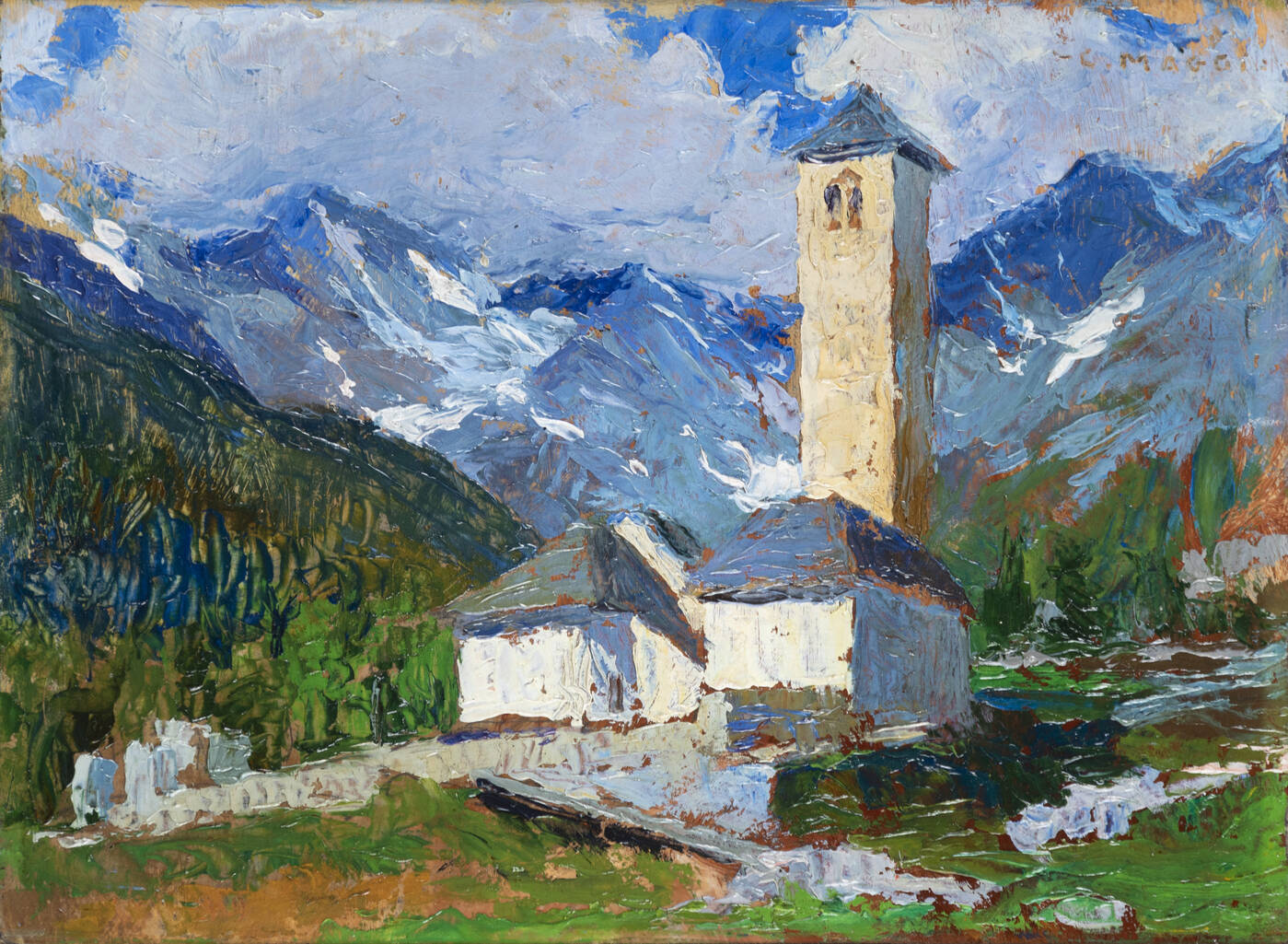 CESARE MAGGI - 'Paesaggio  con chiesetta' (Macugnaga) 1919