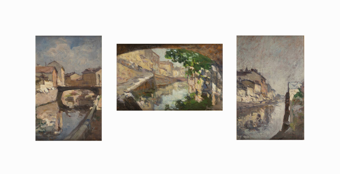 ACHILLE CATTANEO - Trittico raffigurante 'Vedute dei Navigli' 1916