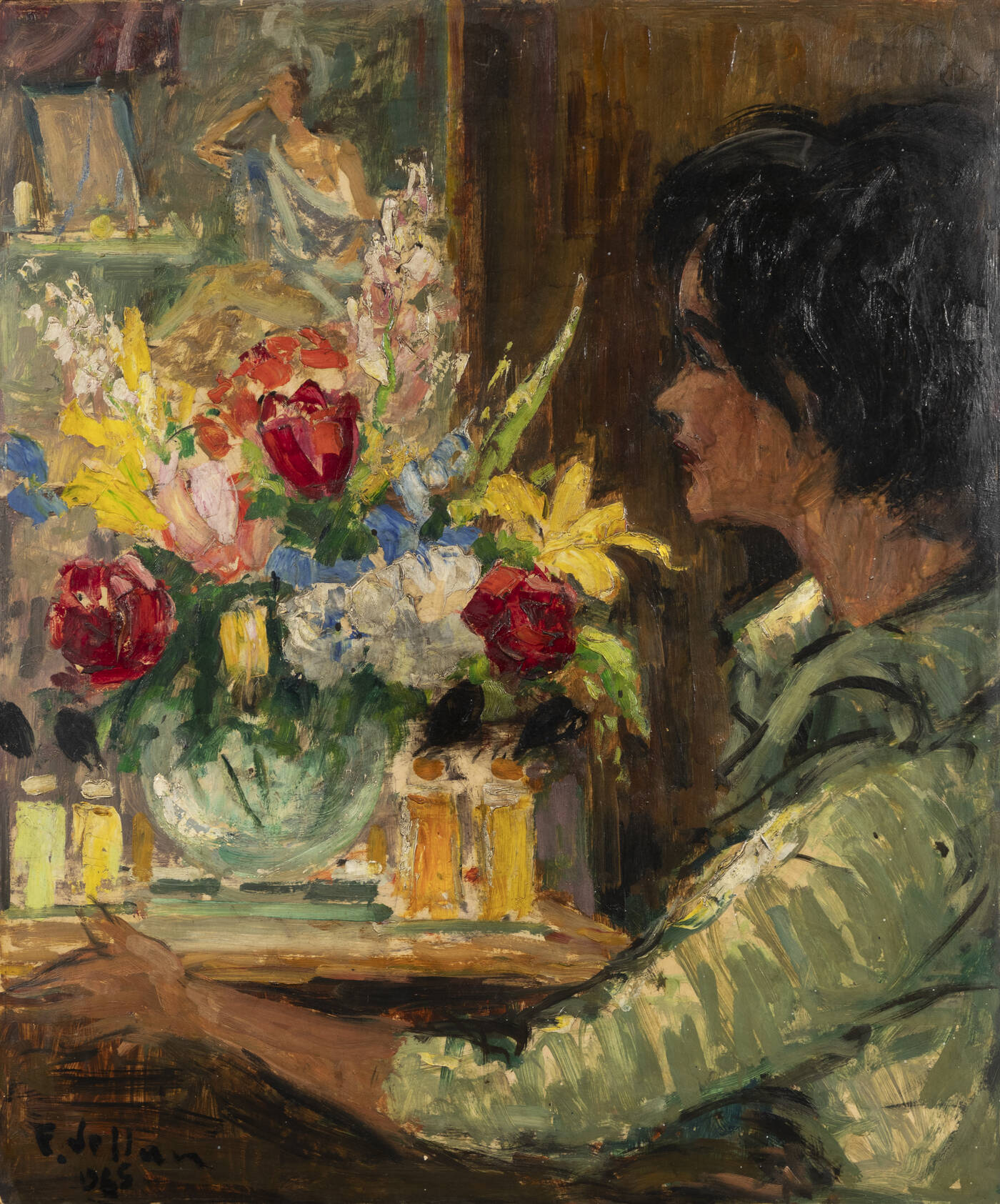 FELICE VELLAN - 'Profilo di donna con vaso fiorito' 1965