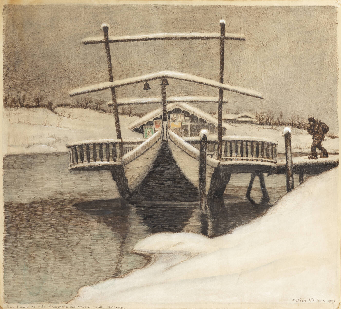 FELICE VELLAN - 'Sul fiume Po-Il traghetto di Millefonti-Torino' 1923