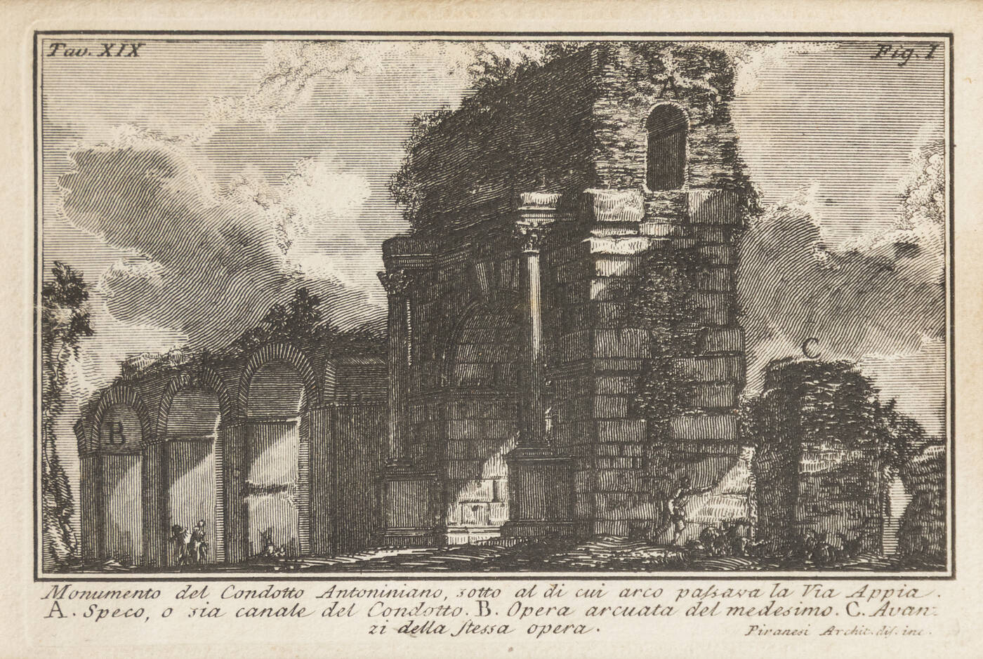 GIOVANNI BATTISTA PIRANESI - 'Monumento del Condotto Antoniniano, sotto al di cui arco passava la Via Appia. A. Speco, o sia canale del Condotto. B. Opera arcuata del medesimo. C. Avanzi della stessa opera.'  