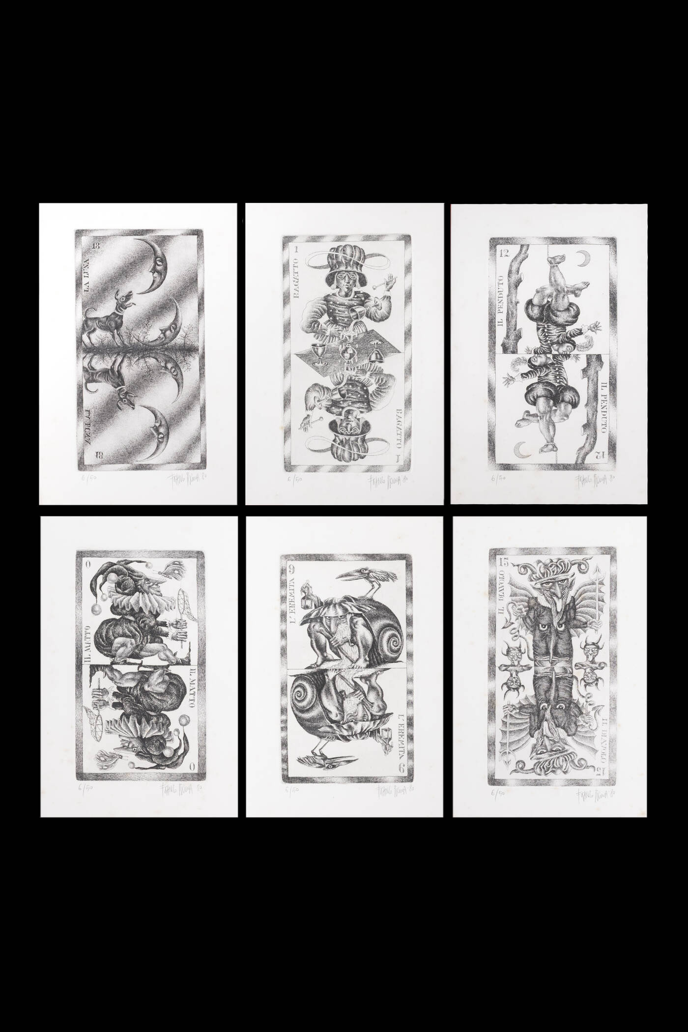 FRANCO BRUNA - Lotto di sei incisioni raffiguranti 'Tarocchi' 1980