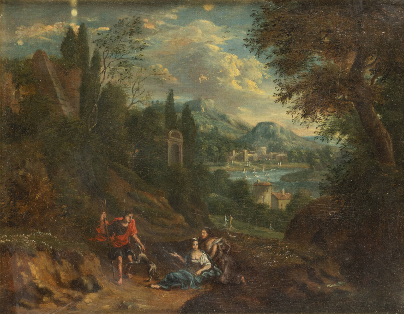 PITTORE ANONIMO - 'Paesaggio con fanciulle, viandante e cane' XVIII secolo
