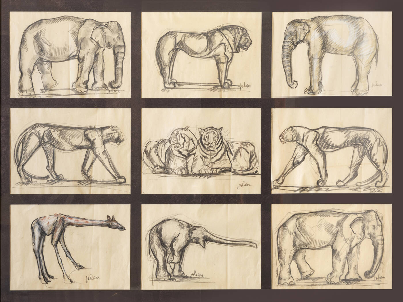 ETIENNETTE JOHAN - Lotto di 9 disegni 'Animals'