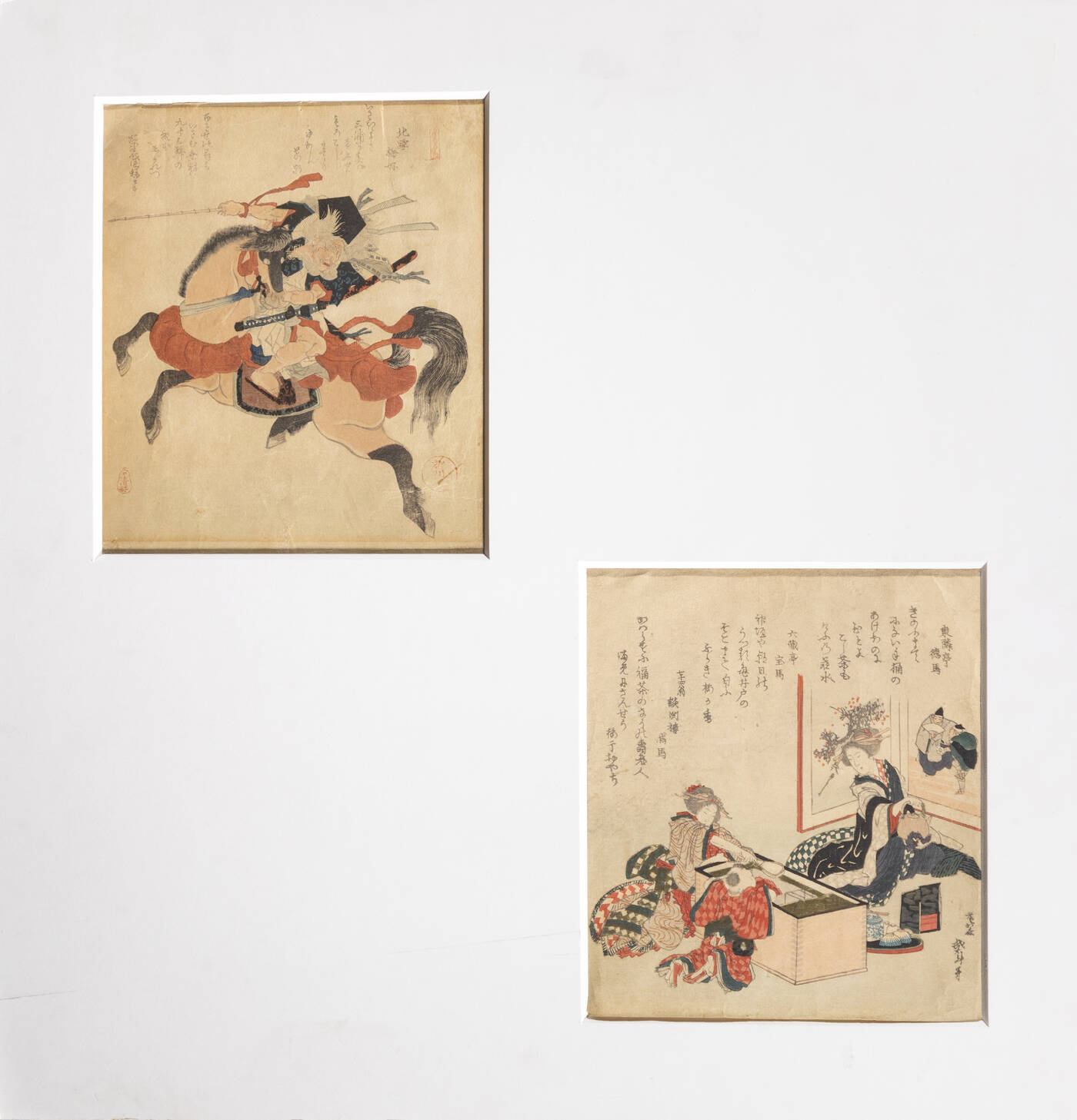 YANUGAWA SHIGENOBU -  HOKUSAI KATSUSHIKA - Stampa dittico con guerriero a cavallo e preparazione del tè