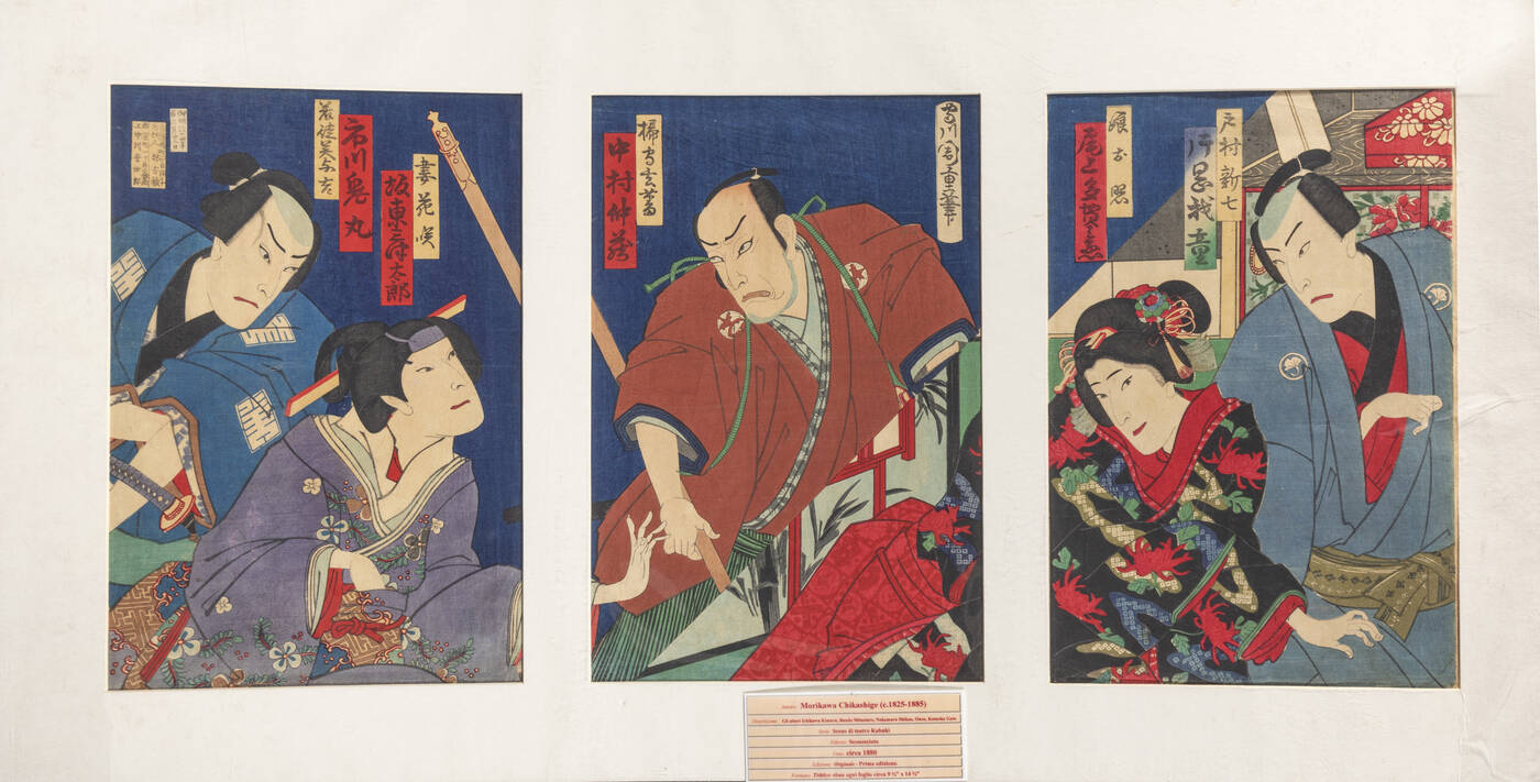 CHIKASHIGE MORIKAWA - 'Gli attori Ichikawa Kimaru, Bando Mitsutaro, Nakamura Shikan, Onoe, Kataoka Gato', 1880 circa