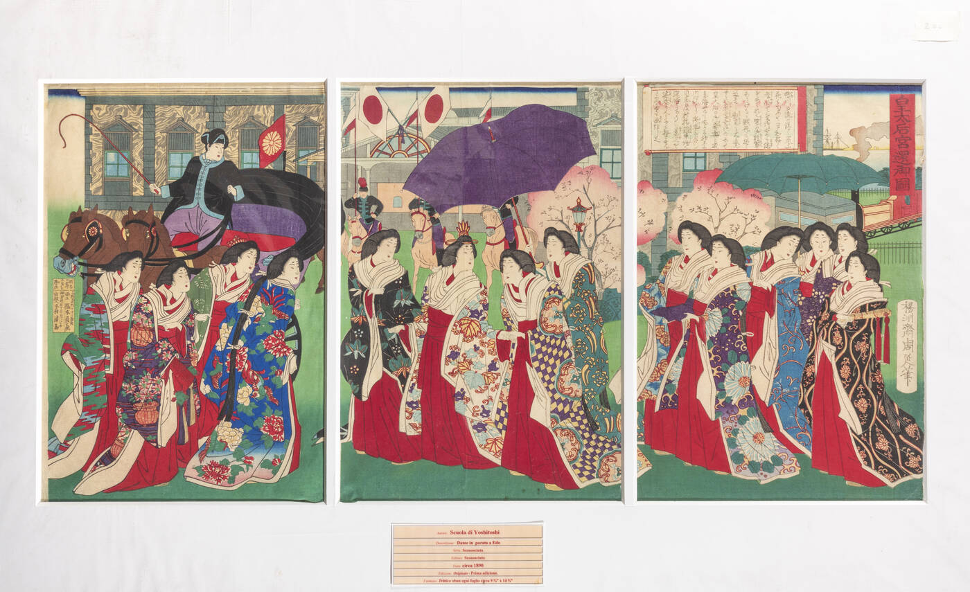YOSHITOSHI TSUKIOKA (SCUOLA DI) -  'Trittico Dame in parata a Edo', 1890 circa