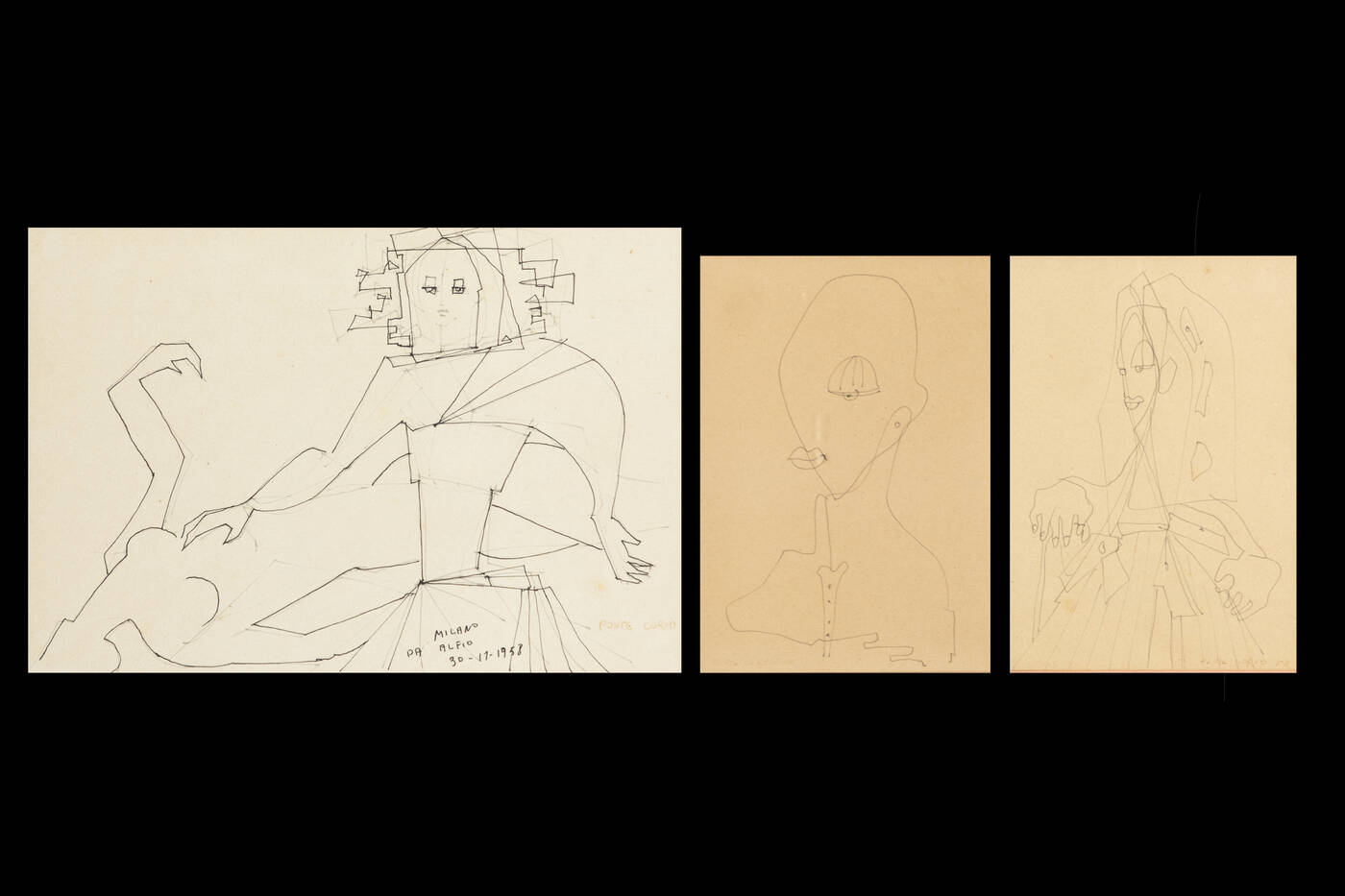 PONTE CORVO (Raffaele Pontecorvo) - a-'Donna' 1958<br>b-'Studio per figure' 30/11/1958<br>c-'Figura mostruosa' 1958