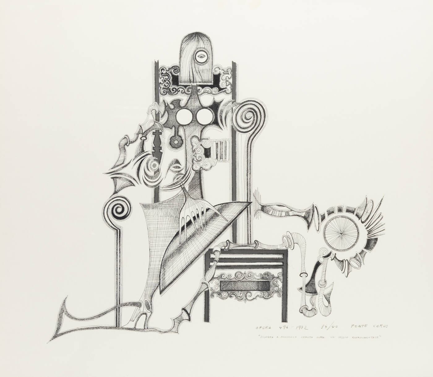 PONTE CORVO (Raffaele Pontecorvo) - 'Signora a monocolo seduta sopra un seggio rinascimentale' 1972