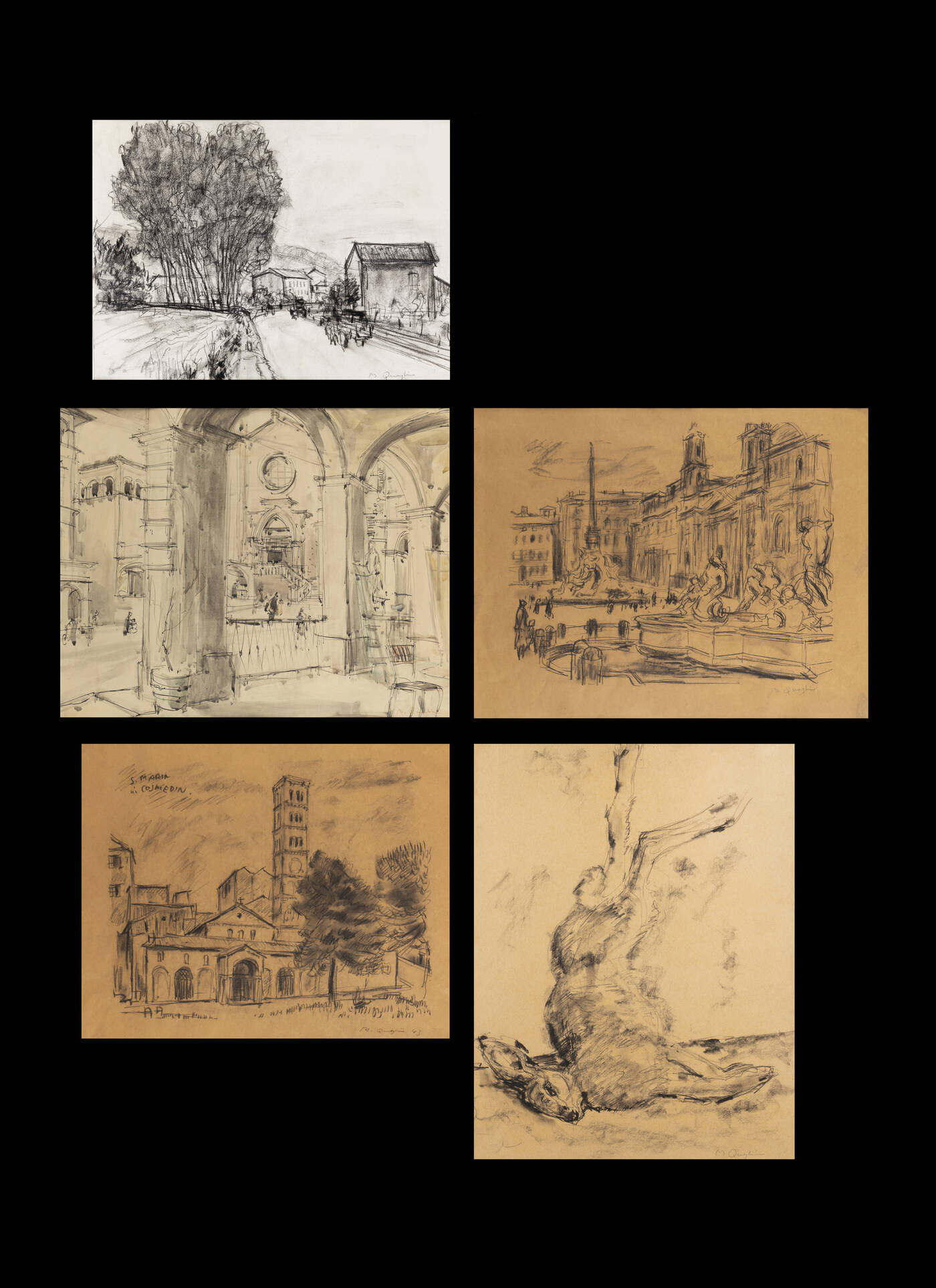 MASSIMO QUAGLINO - A) 'Piazza Navona'<br>B) 'Paesaggio cittadino'<br>C) 'S. Maria in Cosmedin'<br>D) 'Lepre'<br>E) 'Strada di campagna'