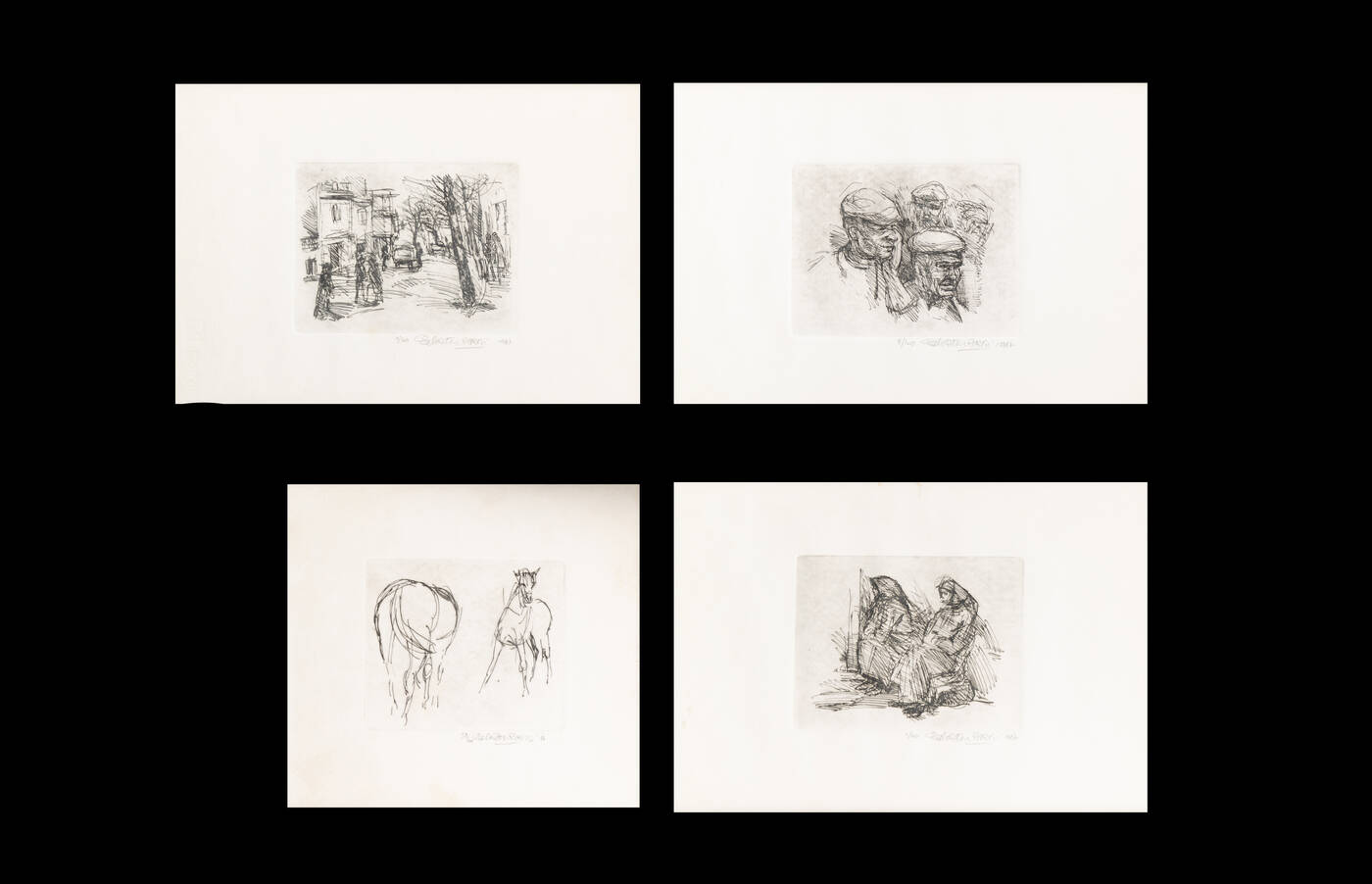 MASSIMO QUAGLINO - Lotto di quattro incisioni:<br>A) 'Le comari'<br>B) 'Cavalli'<br>C) 'Paesaggio urbano'<br>D) 'Figure'
